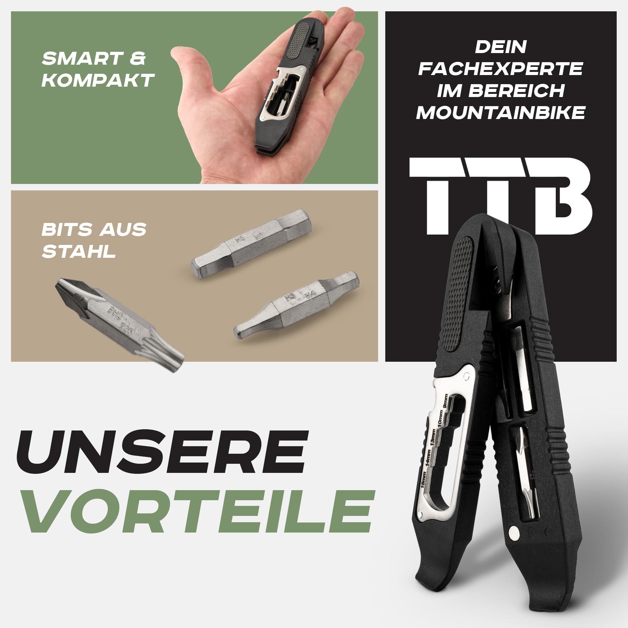 TTB Fahrrad Werkzeug Multitool 14 in 1 Inklusive Reifenheber Ultraleicht, Handlich & Klein [Mountainbike] Bike Sport