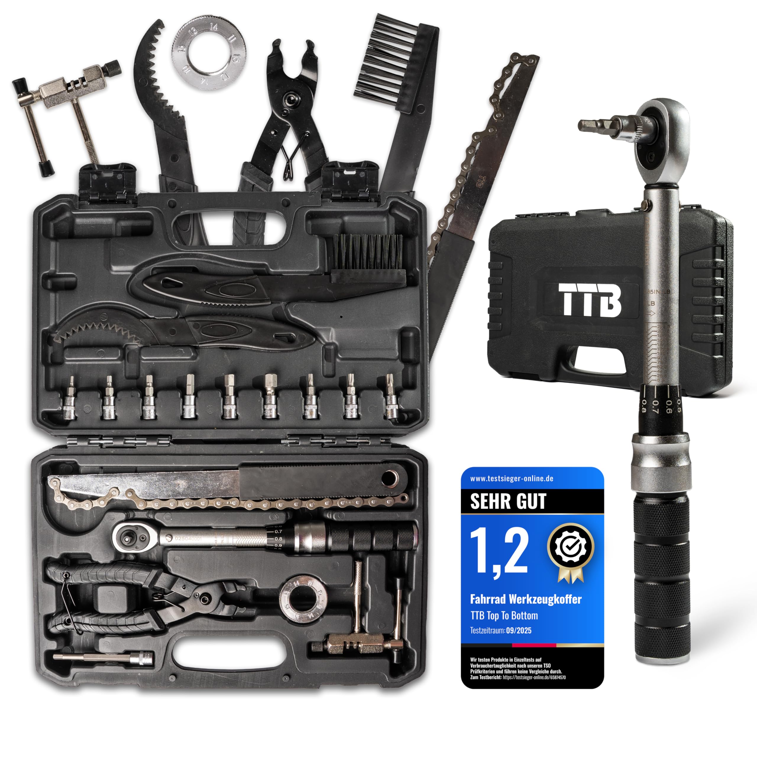 T T B Fahrrad Werkzeugkoffer mit präzisem Drehmomentschlüssel 1–25 Nm Tragbares Reparaturset für MTB, Rennrad & Gravel, Kettenpflege-Set, Kettennieter, Speichenschlüssel, Montagewerkzeug & Profi-Bits