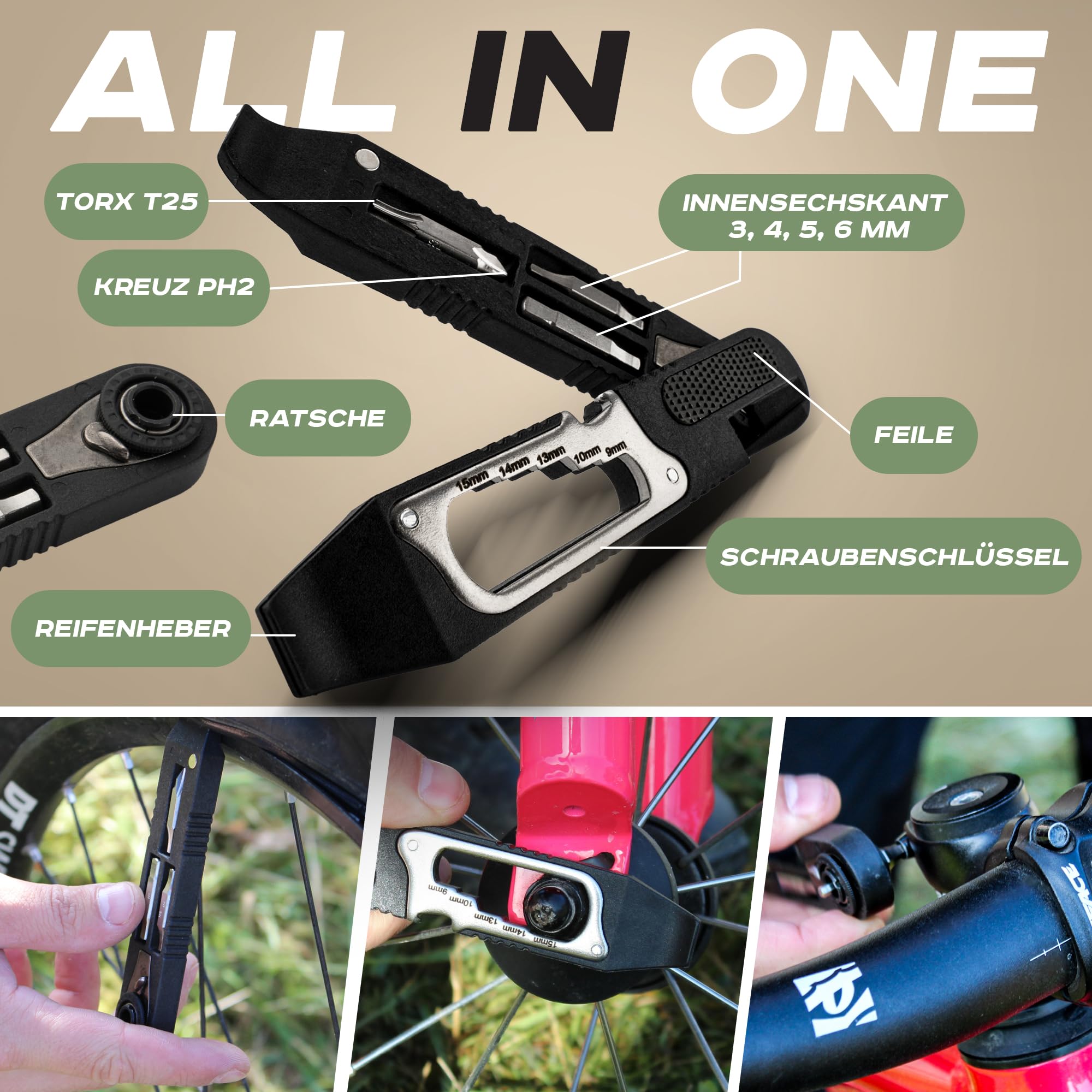 TTB Fahrrad Werkzeug Multitool 14 in 1 Inklusive Reifenheber Ultraleicht, Handlich & Klein [Mountainbike] Bike Sport