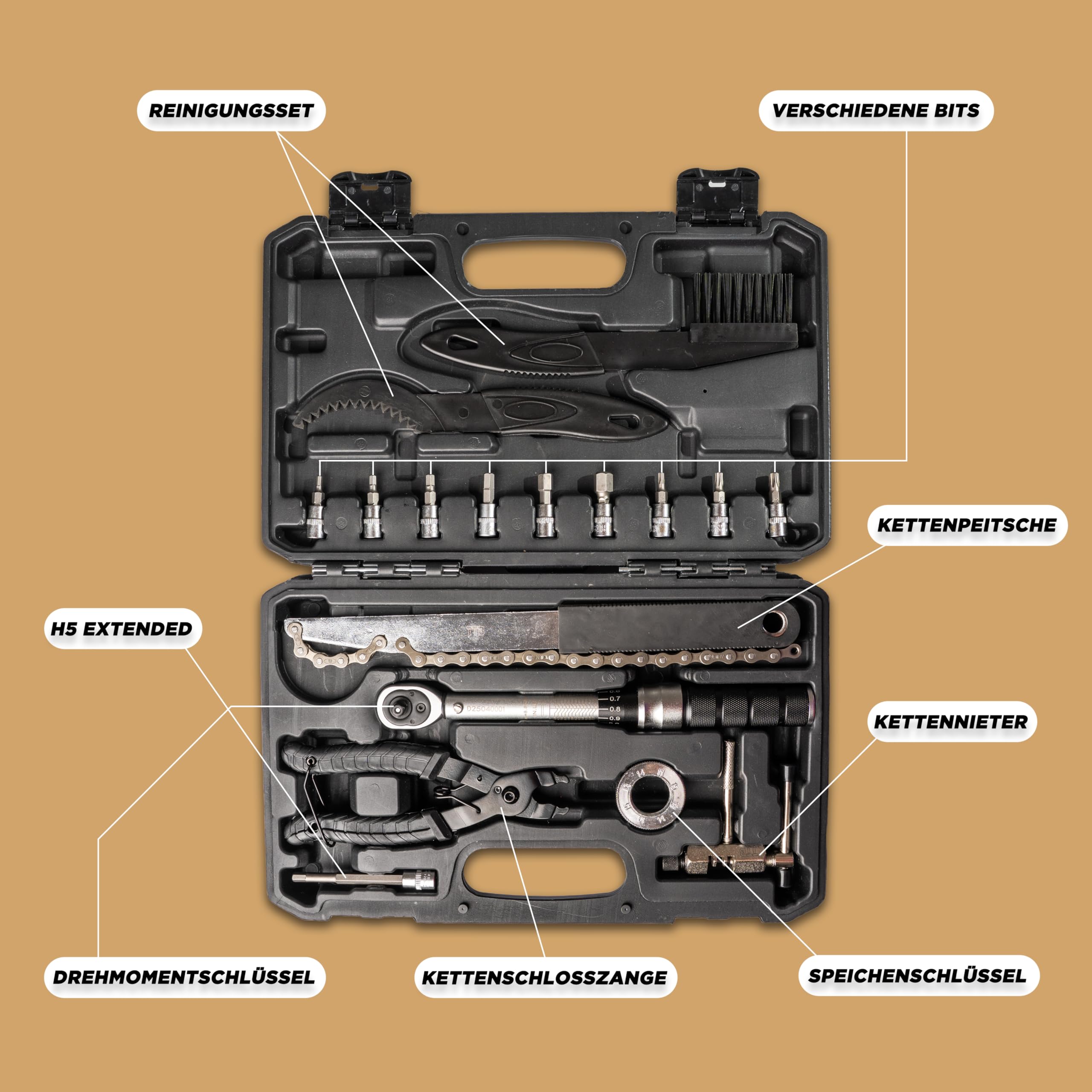 T T B Fahrrad Werkzeugkoffer mit präzisem Drehmomentschlüssel 1–25 Nm Tragbares Reparaturset für MTB, Rennrad & Gravel, Kettenpflege-Set, Kettennieter, Speichenschlüssel, Montagewerkzeug & Profi-Bits